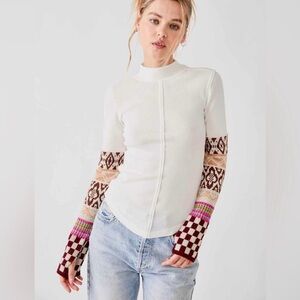 We The Free White Long Sleeve Top with Patterned Sleeves